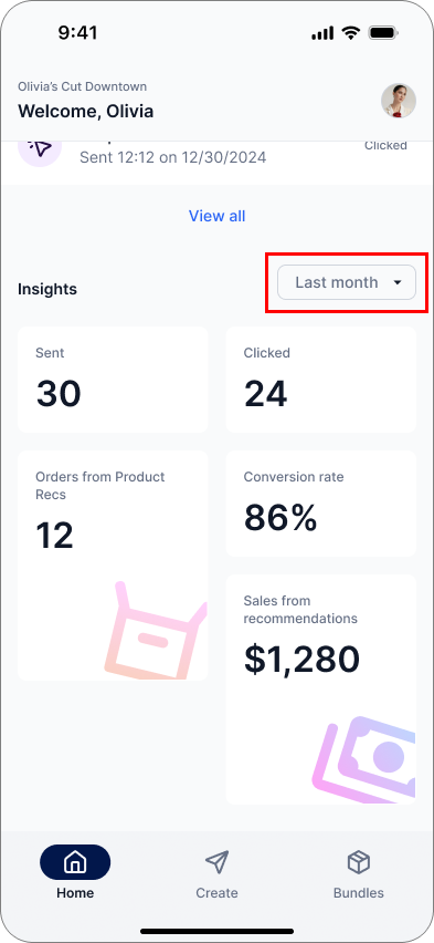 Where can I view my Product Recommendations stats on the mobile app?